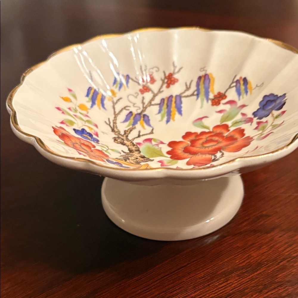 Floral Pedestal Dish with Gold Trim